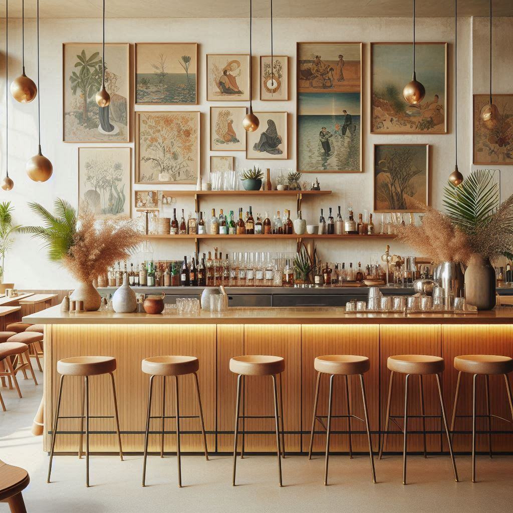 Barra de bar con decoración mid-century y muchos cuadros